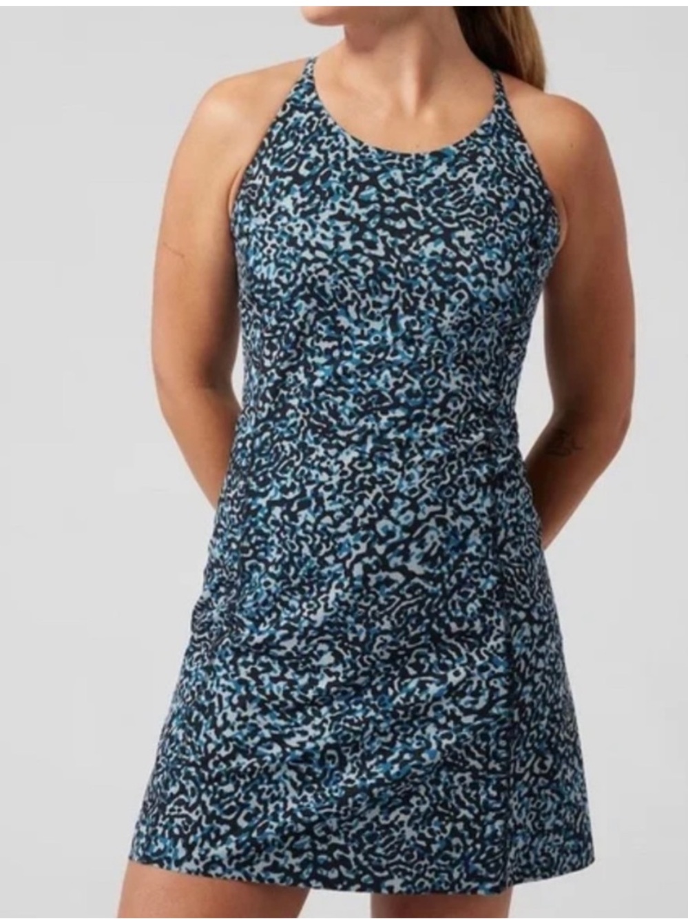 ATHLETA Infinity Blue Leopard Dress Built-in Shorts SZ Medium Tennis Pickleball